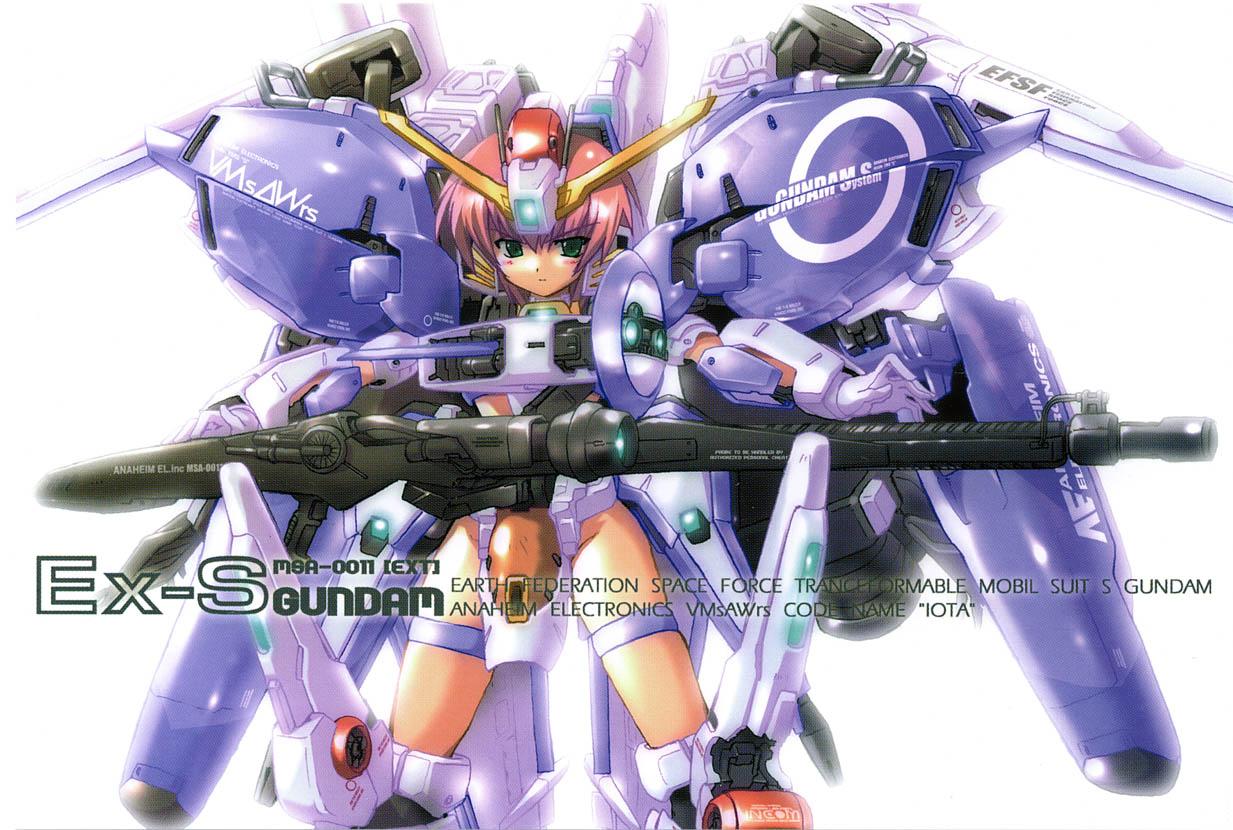 1girl, blue_eyes, ex-s_gundam, gun, gundam, gundam_sentinel, huge_weapon, komatsu_eiji