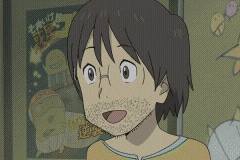 1girl, animated, animated_gif, beard, black_hair, brown_eyes, brown_hair, dennou_coil, facial_hair, glasses, hqvga, indoors, lowres, missile, multiple_boys, mushroom_cloud, nuke, okonogi_yuuko, open_mouth, screencap, short_hair, solo, what