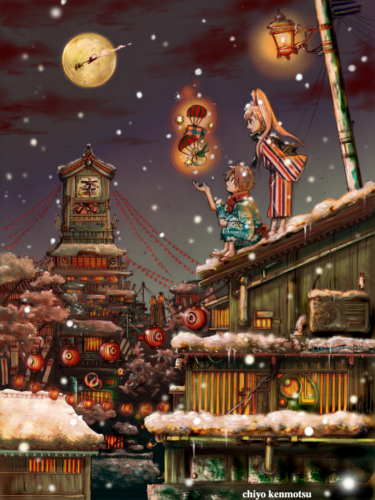 1boy, 1girl, brown_eyes, brown_hair, city, gift, kenmotsu_chiyo, moon