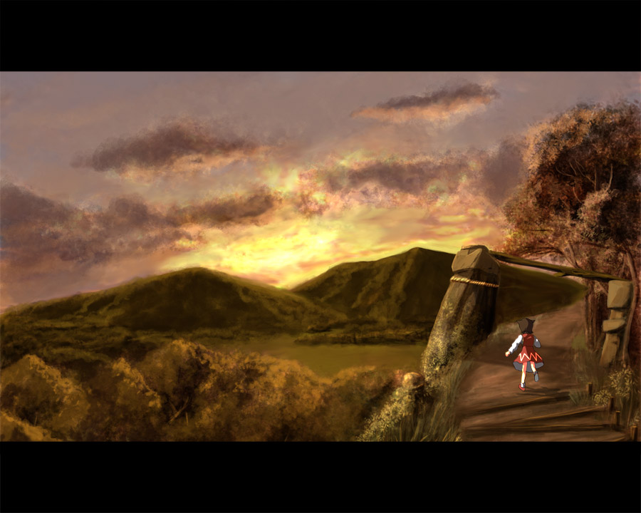 1girl, aojiru_(shiro_to_kuro_no_mukyou), aoziru, chen, female, landscape, nature, scenery, solo, sunset, touhou