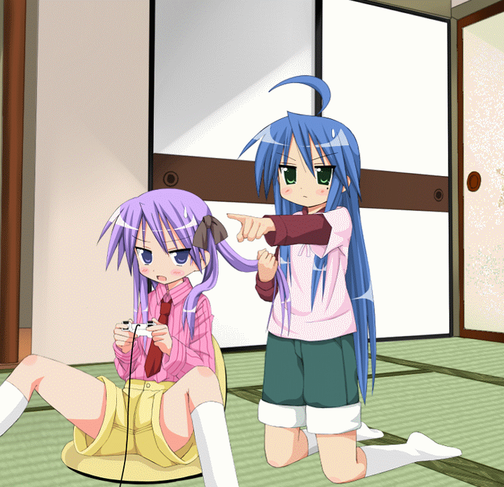 3girls, ahoge, animated, animated_gif, blue_hair, bow, green_eyes, hair_bow