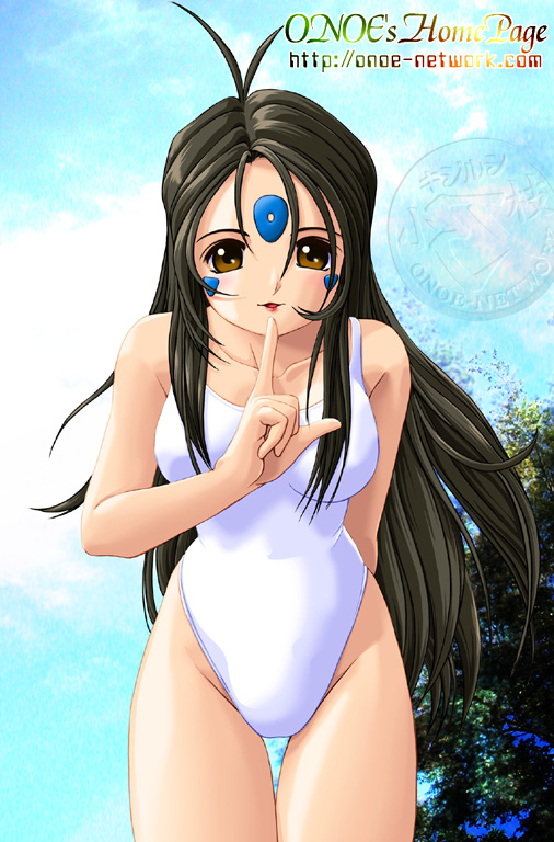 1girl, aa_megami-sama, black_hair, brown_eyes, facial_mark, finger_to_mouth, forehead_mark, long_hair
