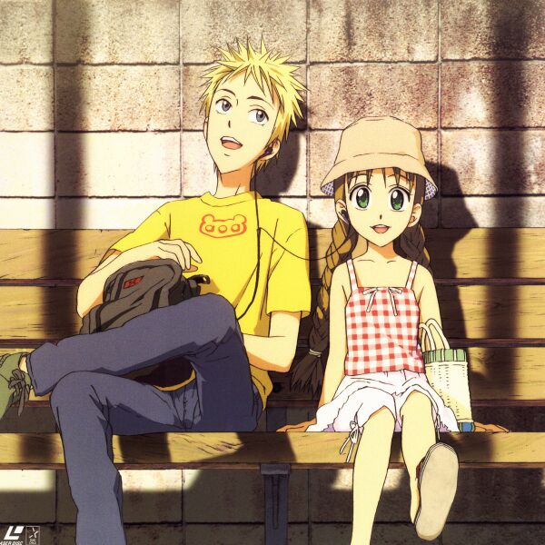 90s, blonde_hair, brother_and_sister, earphones, green_eyes, headphones, ikeda_katsuma, kareshi_kanojo_no_jijou