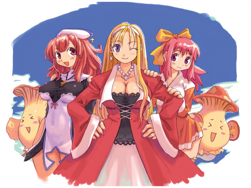 >_<, 3girls, :d, angel's_present, arm_grab, bangs, bare_shoulders, blonde_hair