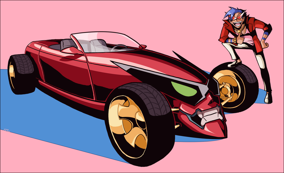 1boy, captainosaka, car, double_k, epic, garhalla_vice, ground_vehicle, gurren, gurrenrod, jewelry, kamina, kamina_shades, male_focus, miami_vice, motor_vehicle, necklace, solo, sunglasses, tengen_toppa_gurren_lagann, thumbs_up, vehicle