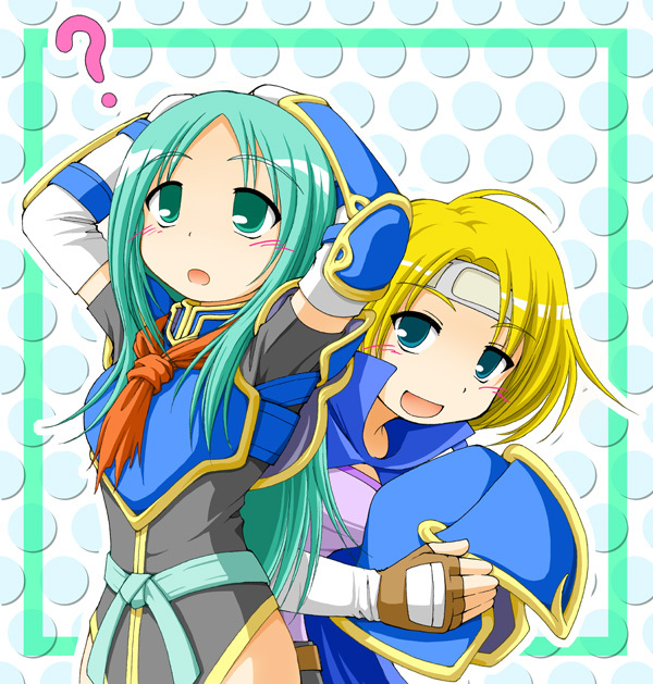 2girls, ?, armor, blonde_hair, blue_eyes, breastplate, earth_ekami, fire_emblem