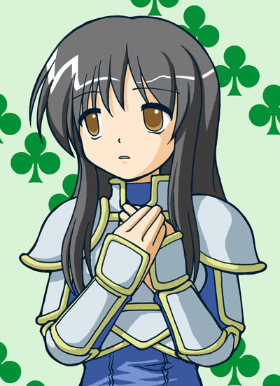 1girl, :o, armor, astrid, black_hair, blush, breastplate, brown_eyes