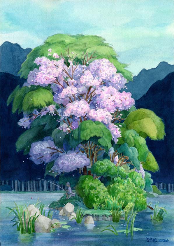 00s, 1boy, 2006, cherry_blossoms, efira, fishing, island, nature, original, peaceful, scenery, signature, sitting, solo, tree