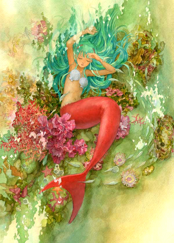 1girl, aqua_hair, armpits, arms_up, closed_eyes, coral, efira, fish, full_body, long_hair, mermaid, monster_girl, original, shell, shell_bikini, signature, starfish, traditional_media, underwater, water, watercolor_(medium)