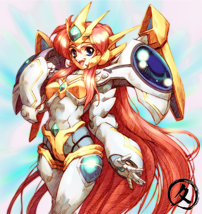 1girl, banpresto, blue_eyes, hisahiko, long_hair, mecha, redhead, solo