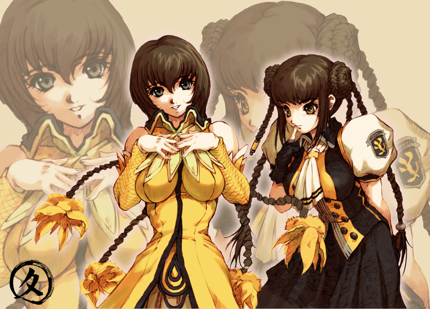 2girls, adora, braid, breast_suppress, breasts, brown_hair, gloves, hisahiko