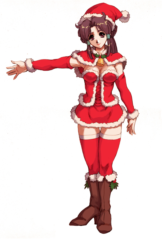 1girl, bangs, banpresto, bell, boots, breasts, brown_hair, brown_legwear