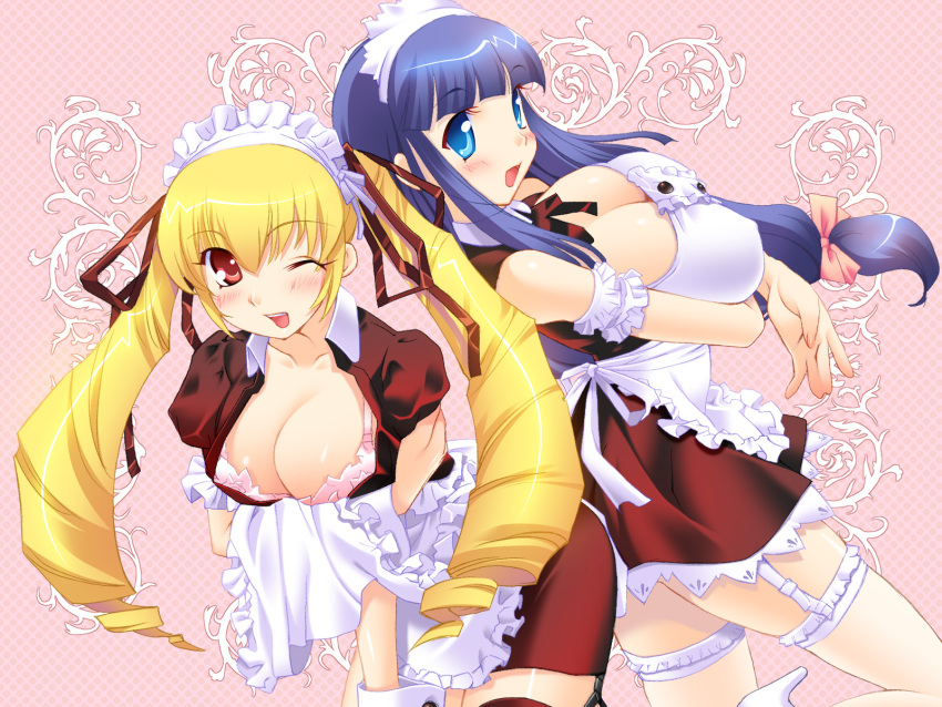 2girls, :d, ;d, apron, arm_garter, armband, ass, ass-to-ass