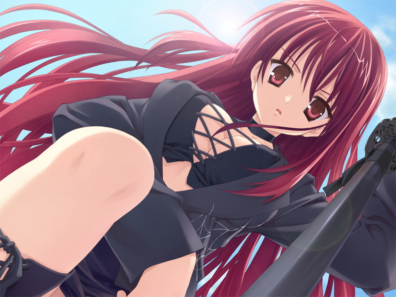 1girl, breasts, choker, cleavage, dutch_angle, empty_x_embryo, from_below, game_cg