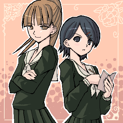 00s, brown_hair, hair_ornament, hairpin, lowres, maria-sama_ga_miteru, notebook, oekaki