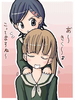 00s, 2girls, :<, back_rub, blue_eyes, blue_hair, blush, brown_hair