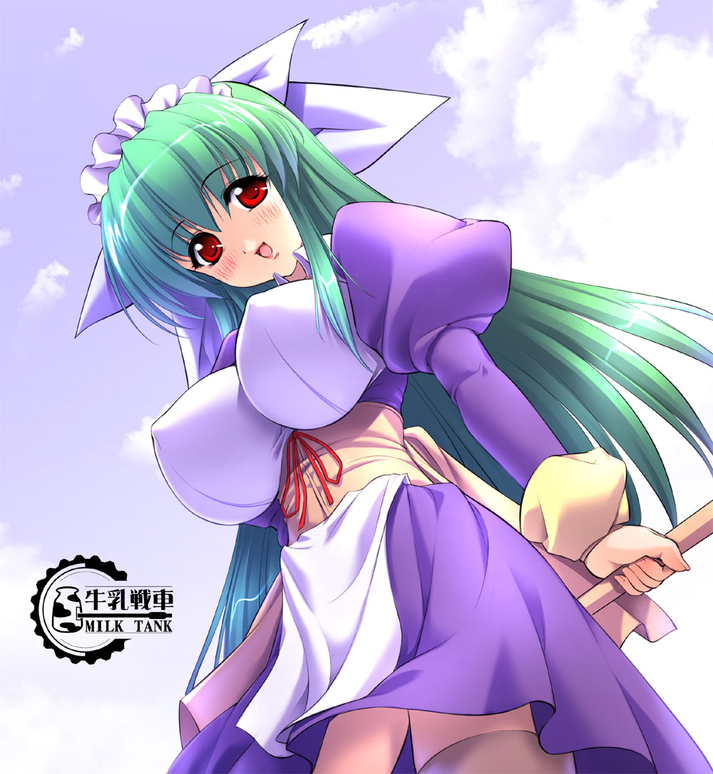 1girl, :d, apron, blush, breasts, clouds, corset, dress