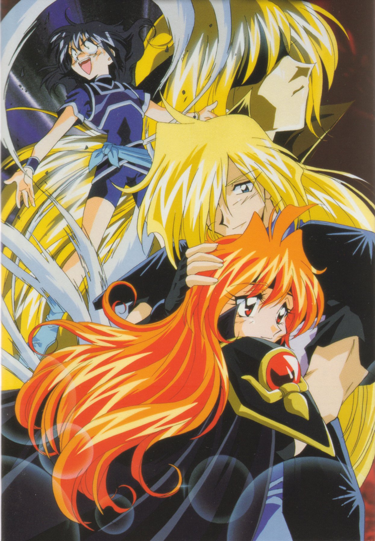 1girl, 3boys, 90s, araizumi_rui, armor, black_hair, blonde_hair, blue_eyes