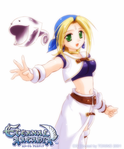 1girl, blonde_hair, cupil, detached_sleeves, eternal_arcadia, facial_mark, fina, fina_(eternal_arcadia), forehead_mark, green_eyes, midriff, pirate, short_hair, solo, spoilers, tokino