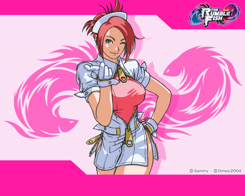 1girl, beckoning, breasts, garnet_(rumble_fish), large_breasts, legs, nurse, oversized_zipper