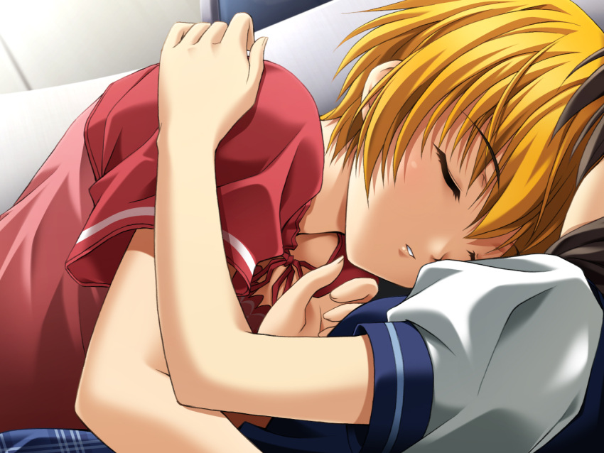 2girls, 5pb., black_hair, blonde_hair, close-up, closed_eyes, cuddling, dutch_angle