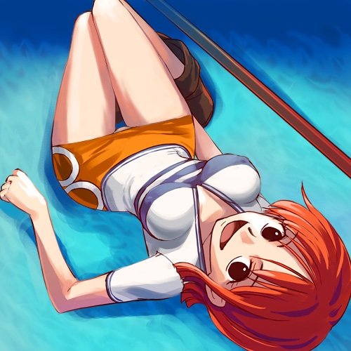 1girl, black_eyes, boots, brown_eyes, east_blue, erect_nipples, female, haruyama_kazunori, lowres, lying, miniskirt, nami_(one_piece), on_back, one_piece, orange_hair, panties, pantyshot, pantyshot_(lying), pirate, polearm, redhead, shirt, short_hair, simple_background, skirt, smile, solo, staff, striped, striped_shirt, underwear, upskirt, weapon
