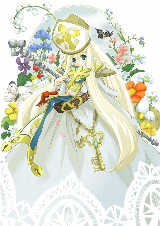1girl, belt, bird, blonde_hair, blue_eyes, butterfly, celestial, cross