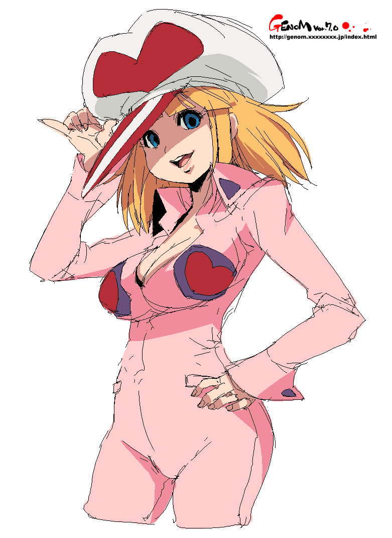 1girl, ai-chan, blonde_hair, blue_eyes, bodysuit, breasts, cleavage, hat