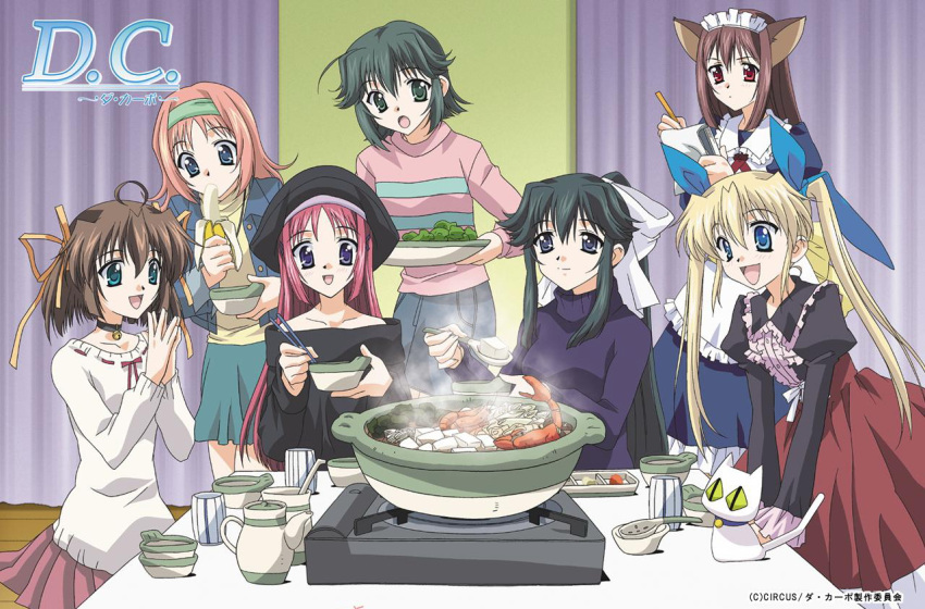 6+girls, amakase_miharu, animal_ears, aqua_eyes, asakura_nemu, banana, black_hair, blonde_hair