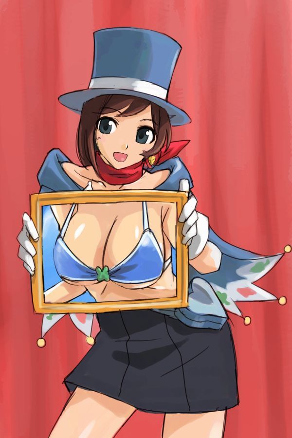 1girl, bikini, bikini_top, blue_hat, brown_hair, capcom, cape, gyakuten_saiban