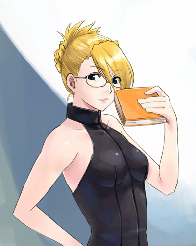 1girl, bare_shoulders, blonde_hair, book, brown_eyes, capcom, glasses, gyakuten_saiban, gyakuten_saiban_3, halterneck, kamiya_kirio, lowres, michael, solo