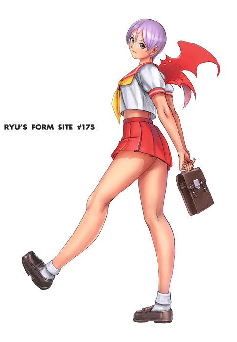 1girl, arms_behind_back, bag, bare_legs, bat_wings, breasts, brown_footwear, brown_shoes