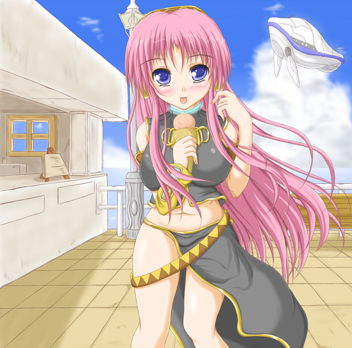 breasts, erect_nipples, food, ice_cream, large_breasts, long_hair, megurine_luka, midriff
