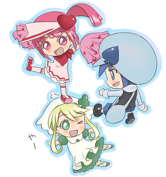 3girls, androgynous, apron, bag, blonde_hair, blue_eyes, blue_hair, blush