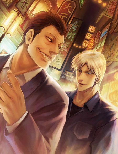 2boys, :d, akagi, akagi_shigeru, blonde_hair, brown_eyes, brown_hair, dress_shirt