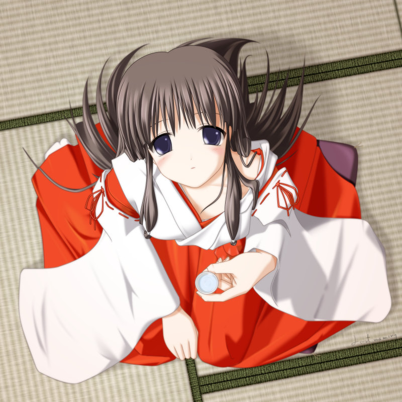 00s, 1girl, alcohol, arima_suzuka, brown_hair, hakama, japanese_clothes, kimono, long_hair, miko, red_hakama, sake, solo, su..., tsuki_kagerou, violet_eyes