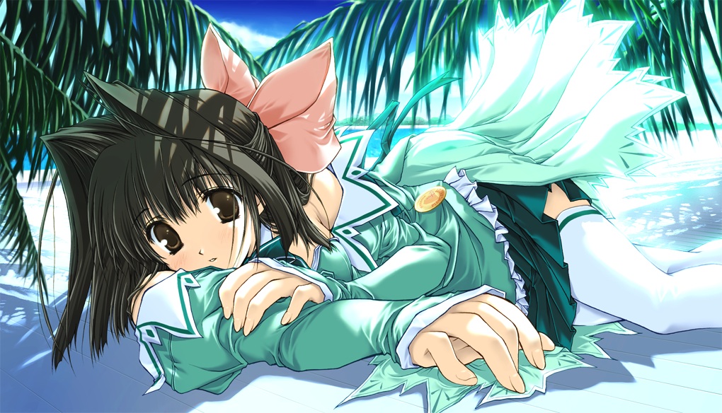 1girl, 90s, banrohho, beach, brown_eyes, brown_hair, enomoto_tsukasa, hair_ribbon, lying, ocean, palm_tree, pia_carrot_(series), pia_carrot_e_youkoso!!, pia_carrot_e_youkoso!!_2, ribbon, school_uniform, serafuku, short_hair, thigh-highs, tree