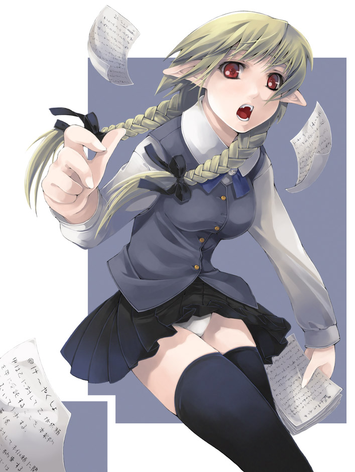 1girl, blonde_hair, bow, braid, demon_ears, fangs, flying_paper, hair_bow, panties, pantyshot, paper, papers, pointy_ears, red_eyes, ribbon, simosi, skirt, skirt_lift, solo, thigh-highs, twin_braids, underwear, upskirt, wind_lift