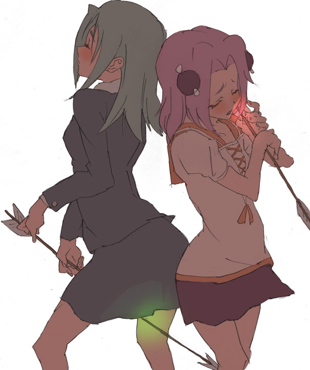 2girls, aqua_hair, arrow, back-to-back, boukyaku_no_senritsu, closed_eyes, coco_ninna-nanna, glowing
