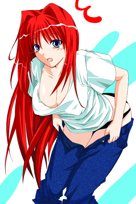 00s, 1girl, aozaki_aoko, black_panties, blue_eyes, breasts, cleavage, denim