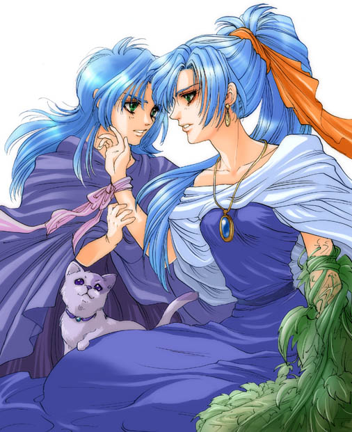 1boy, 1girl, 90s, alfador, blue_hair, cat, chrono_(series), chrono_trigger