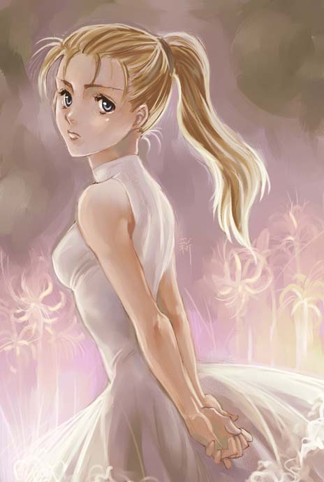 1girl, 90s, blonde_hair, blue_eyes, breasts, chrono_(series), chrono_trigger, dress