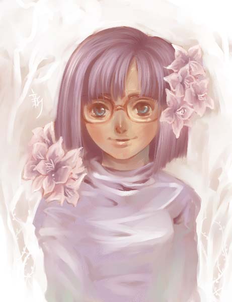 1girl, 90s, blue_eyes, chrono_(series), chrono_trigger, dress, female, flower, glasses, lucca_ashtear, purple_hair, short_hair, smile, solo, synn