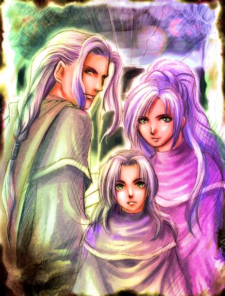 1girl, 2boys, 90s, blue_hair, chrono_(series), chrono_trigger, dress, family