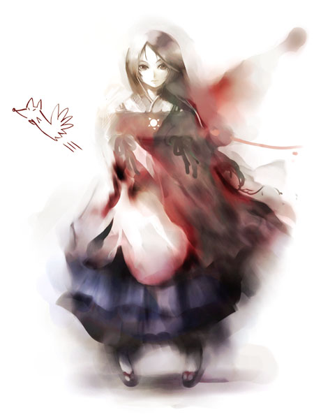 1girl, blue_skirt, brown_eyes, brown_hair, bubble_skirt, cave_(developer), coat, expressionless