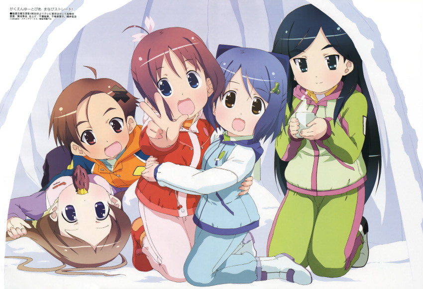 5girls, absurdres, amamiya_manami, casual, etou_mei, gakuen_utopia_manabi_straight!, highres, hug, inamori_mika, kikuchi_shun'ya, mouth_hold, multiple_girls, odori_momoha, uehara_mutsuki, v