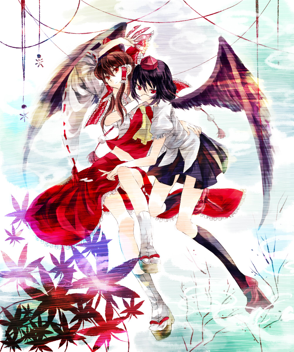 arm_up, between_fingers, black_hair, black_legwear, black_wings, bow, detached_sleeves, expressionless