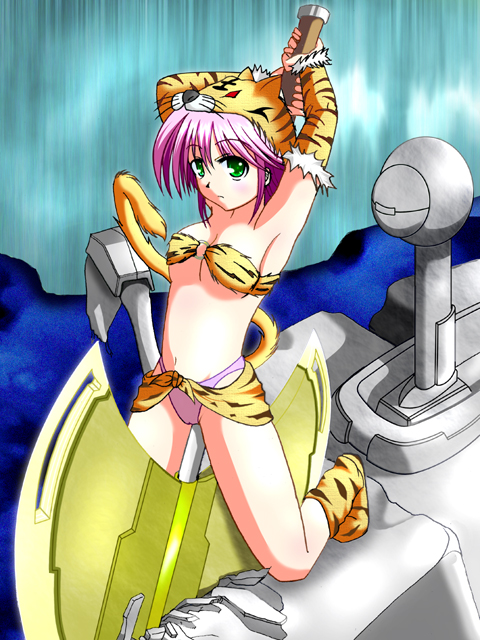 1girl, axe, berserker_(class), berserker_(final_fantasy), double_bladed_axe, final_fantasy, final_fantasy_v, fur_trim, green_eyes, lenna_charlotte_tycoon, omega, omega_(final_fantasy), panties, pink_hair, solo, tiger_print, underwear, weapon