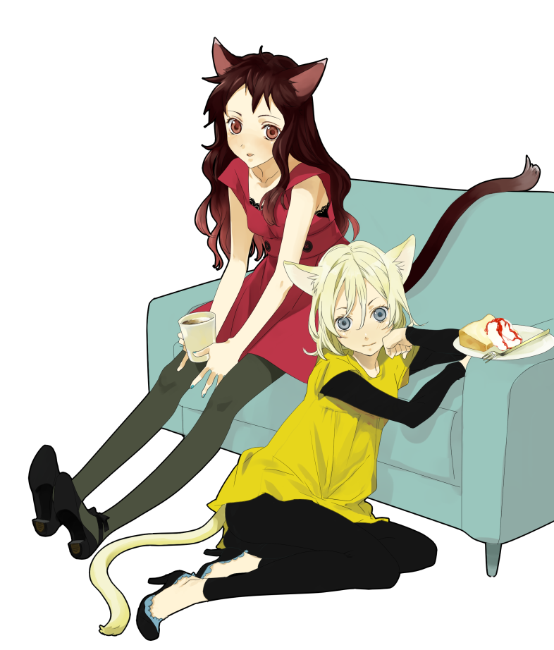2girls, animal_ears, black_hair, blonde_hair, blue_eyes, blue_upholstery, brown_hair, cake