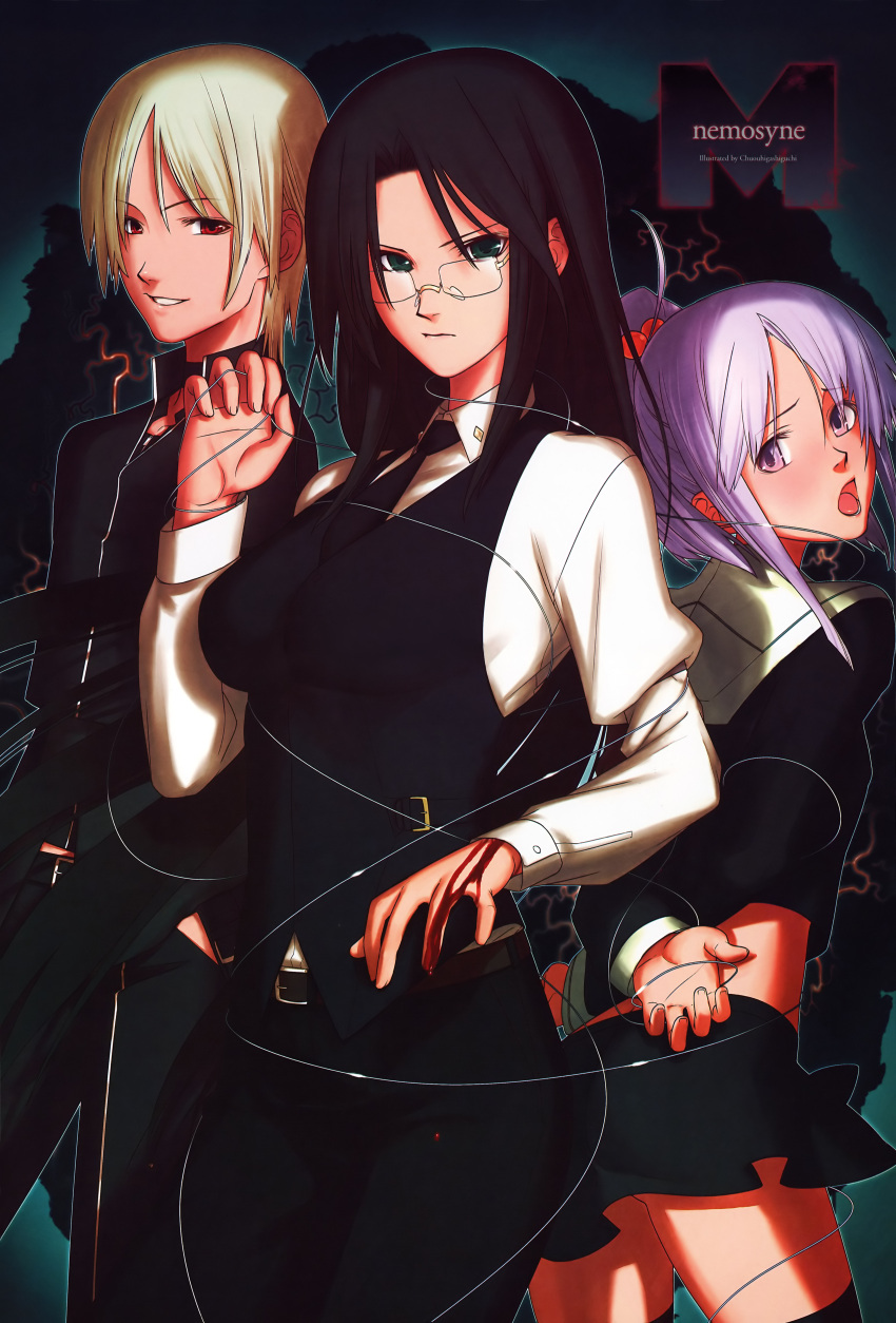 1boy, 2girls, absurdres, apos, asougi_rin, blood, breasts, chuuou_higashiguchi